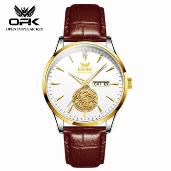 OPK Оригинальные мужские кварцевые часы высшего класса, модные мужские часы с дышащим кожаным ремешком, водонепроницаемые деловые повседневные мужские часы